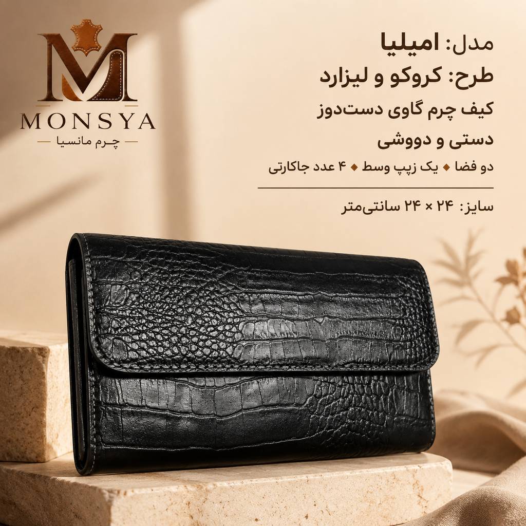 کیف چرم طبیعی دست دوز مدل امیلیا طرح کروکو و لیزارد