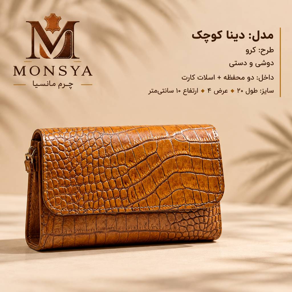 کیف چرم طبیعی دست دوزطرح کرو مدل دینا کوچک